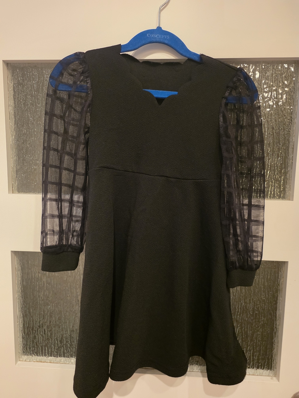 Girls' Black Dress with Sheer Checkered Sleeves